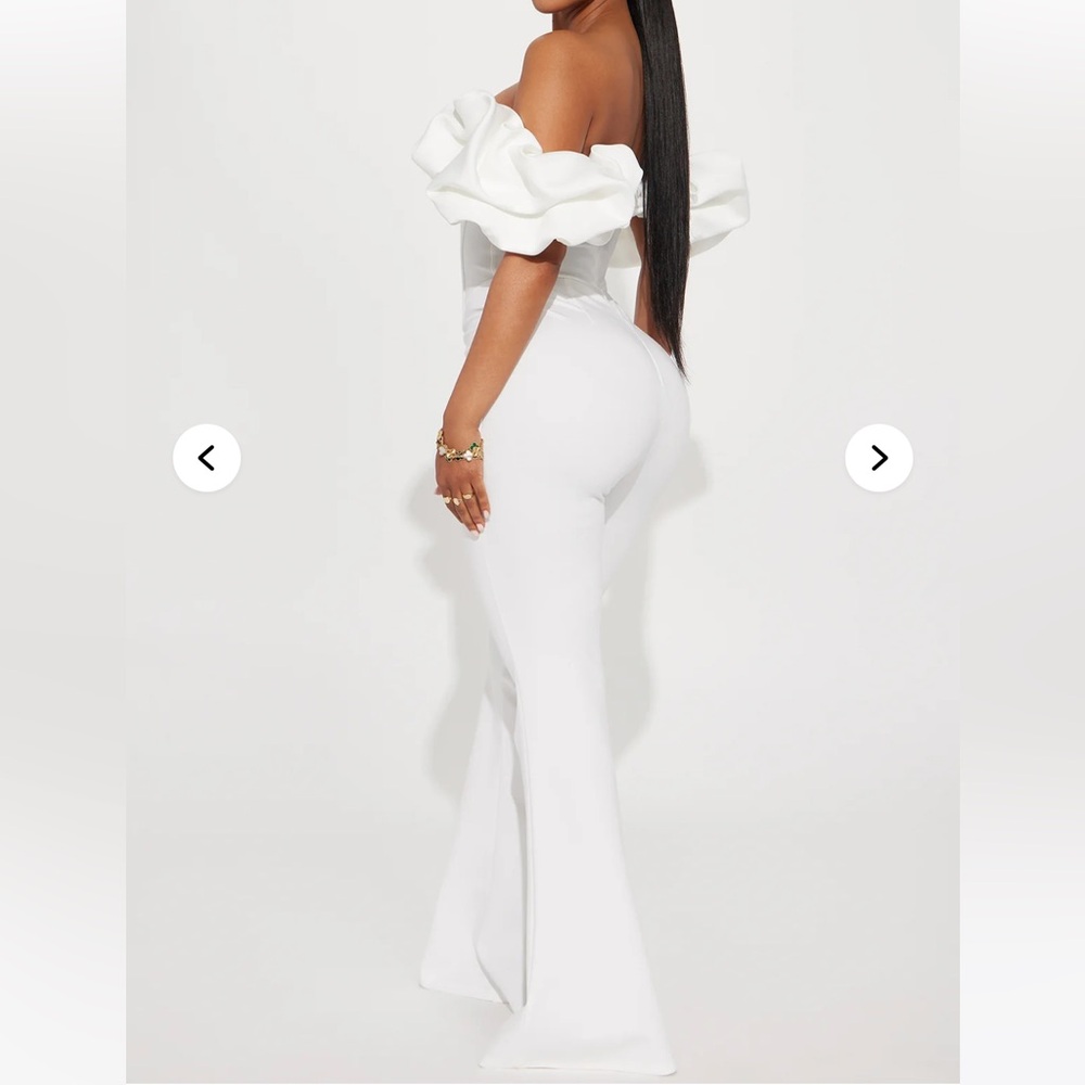 Fashion Nova Off-Shoulder White Flare Jumpsuit - Picture 3 of 4